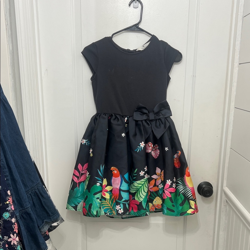 H&M Black Dress with Colorful Floral and Parrot Design
